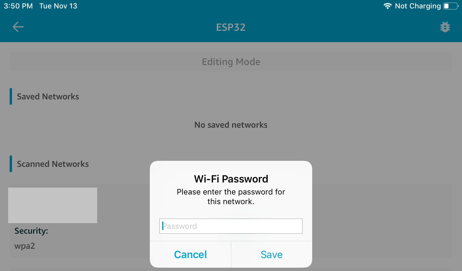 Caixa de diálogo de entrada de senha da rede Wi-Fi com campo de senha vazio, botões Cancelar e Salvar.