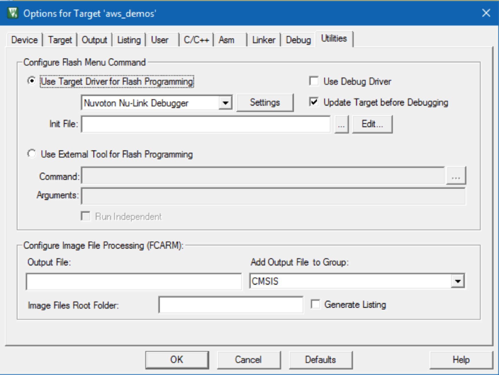 Janela de opções mostrando as configurações para programação flash, depuração e processamento de arquivos de saída.