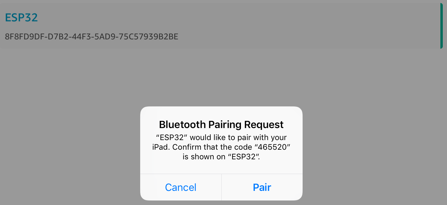 Caixa de diálogo de solicitação de emparelhamento Bluetooth para o dispositivo “ESP32" mostrando o código “465520" para confirmar em “ESP32".