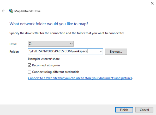 
            Mostra a caixa de diálogo Windows Map Network Drive para mapear um compartilhamento ONTAP SMB com uma letra em um.  WorkSpace
          