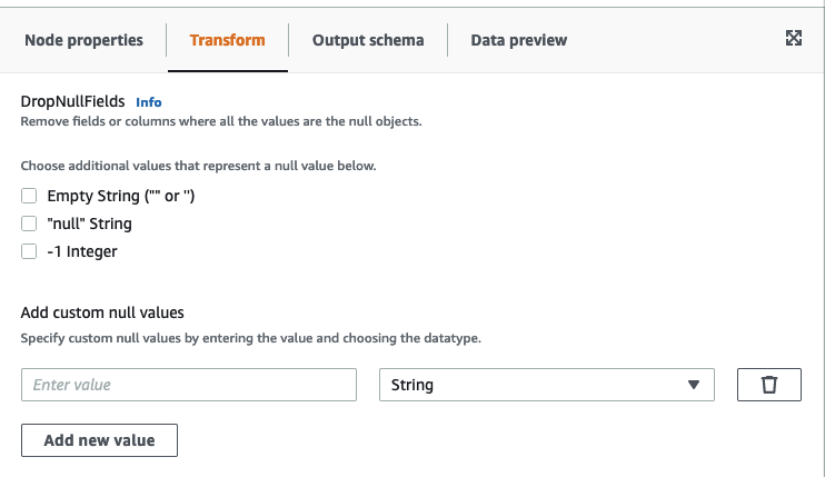 A captura de tela mostra a guia Transform (Transformação) para o nó DropNullFields.