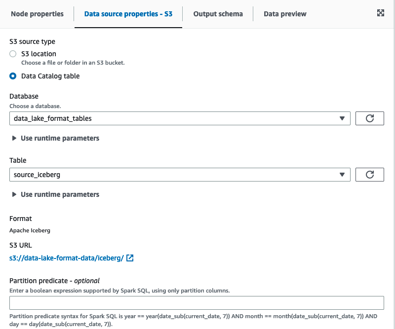 A captura de tela mostra as propriedades do destino de dados ao usar a estrutura Apache Iceberg em fontes de dados do Amazon S3.