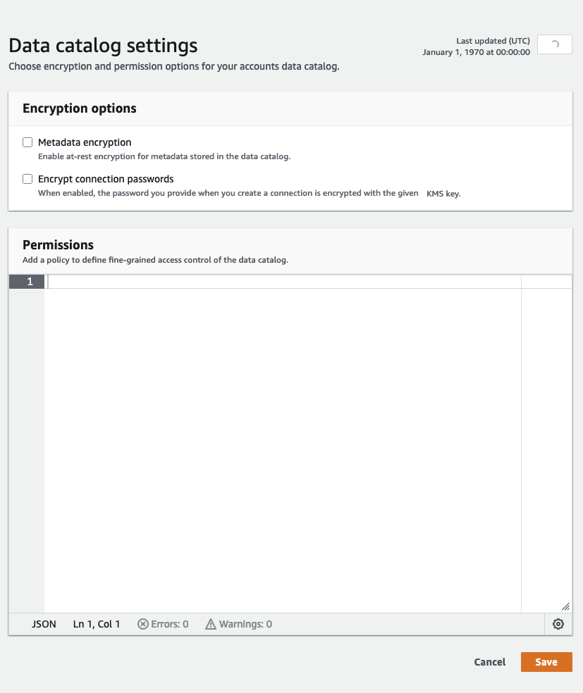 
            A captura de tela mostra o modal de configurações do Data Catalog.
        