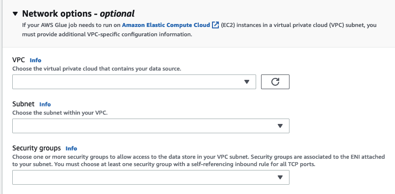 A captura de tela mostra as opções de rede opcionais para grupos VPC, Sub-rede e Segurança.