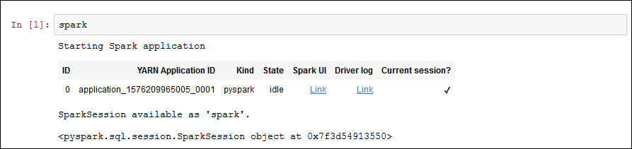 A resposta do sistema mostra o status do aplicativo do Spark e envia a seguinte mensagem: SparkSession disponível como 'spark'.