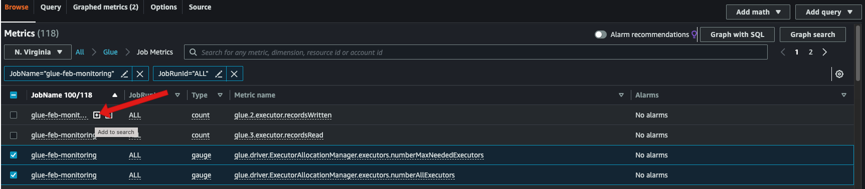 A captura de tela mostra o acesso às métricas no console do Amazon CloudWatch ao monitorar trabalhos de streaming do AWS Glue.
