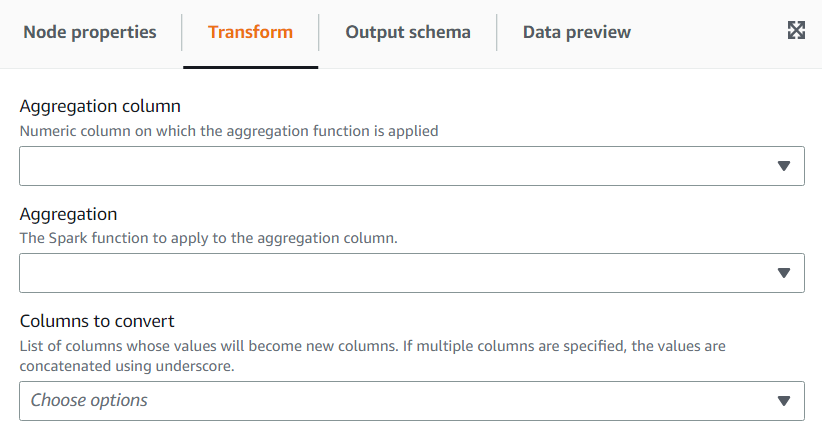 A captura de tela mostra a guia Transform para a transformação Pivot Rows To Columns.