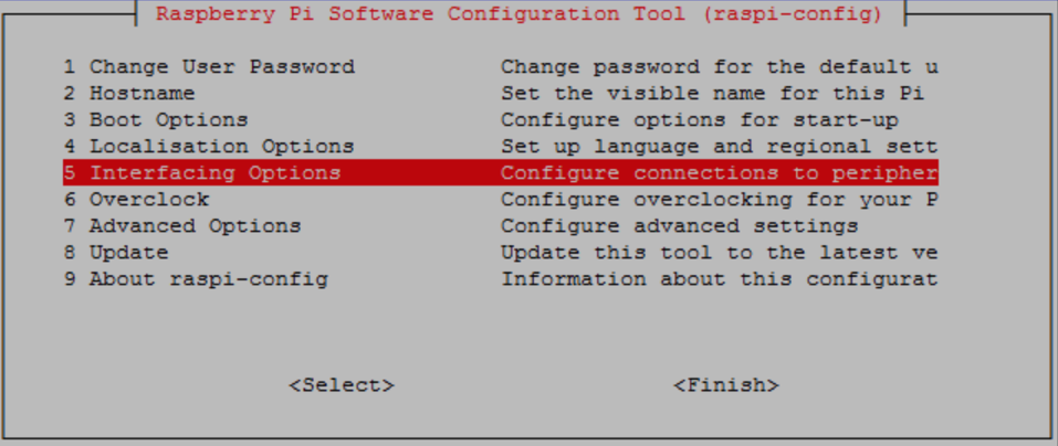 Captura de tela da ferramenta de configuração de software do Raspberry Pi (raspi-config).