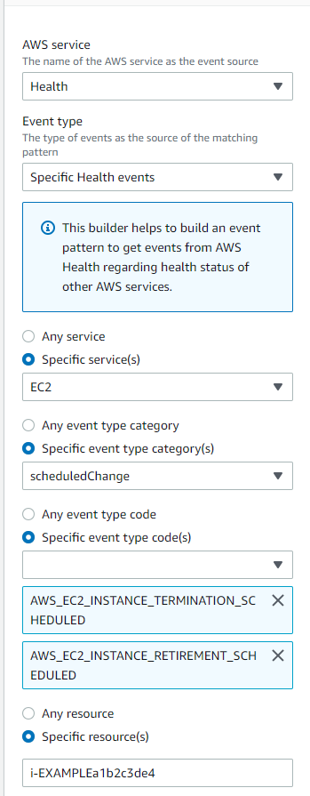 Crie uma EventBridge regra somente para eventos específicos do Amazon EC2.