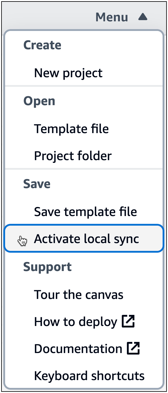 Um menu do Infrastructure Composer com a opção Ativar sincronização local selecionada.