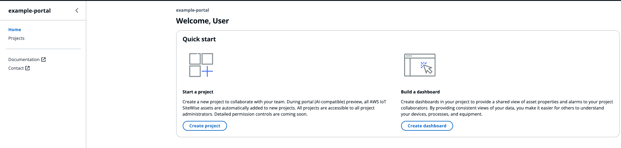 A página de login do painel de IoT com Criar projeto e Criar painel.