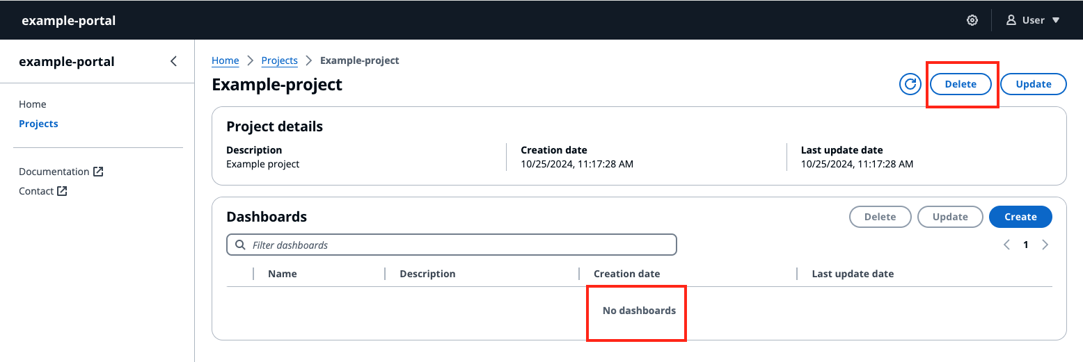 A página de detalhes do projeto do painel de IoT com a opção Excluir destacada.