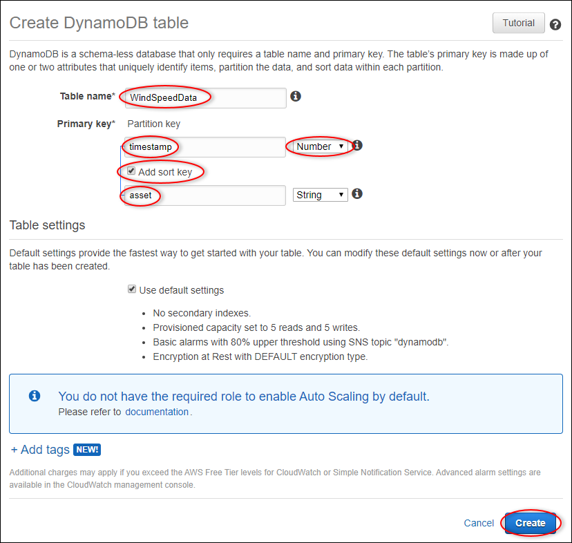 
            Captura de tela da página "Criar tabela" do DynamoDB.
          
