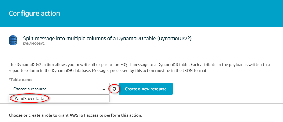 
            AWS IoT Captura de tela principal da página “Configurar ação do DynamoDBv2” com o localizador de tabelas destacado.
          