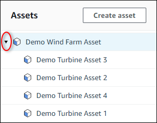 
            AWS IoT SiteWise Captura de tela da hierarquia Demo Wind Farm Asset "”.
          