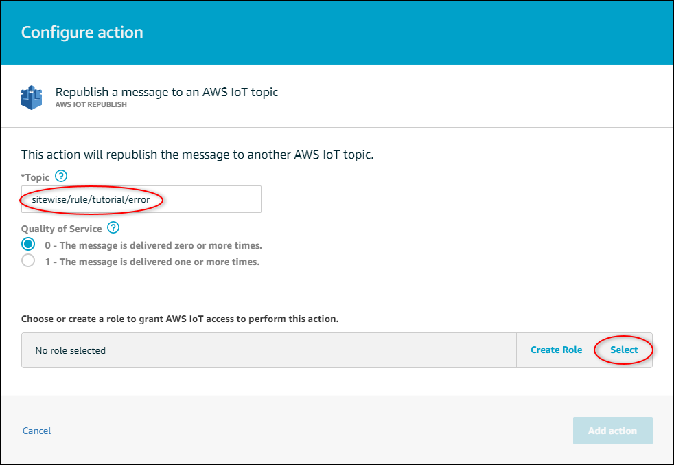 
            AWS IoT Core Captura de tela da página "Configure Republish action" (Configurar ação de republicação) do  com "Topic" (Tópico) em destaque.
          