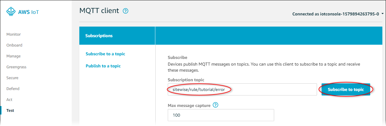 
            AWS IoT Core Captura de tela da página "MQTT client" (Cliente MQTT) do  com o botão "Subscribe to topic" (Assinar o tópico) em destaque.
          