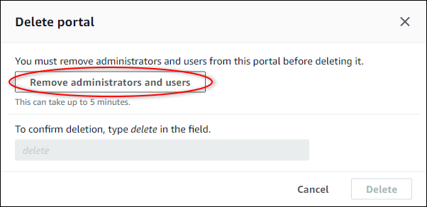 Caixa de diálogo “Excluir portais” com "Remover administradores e usuários” em destaque.