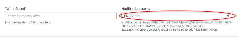 AWS IoT SiteWise Captura de tela da página “Editar ativo” com “Status da notificação” destacado.