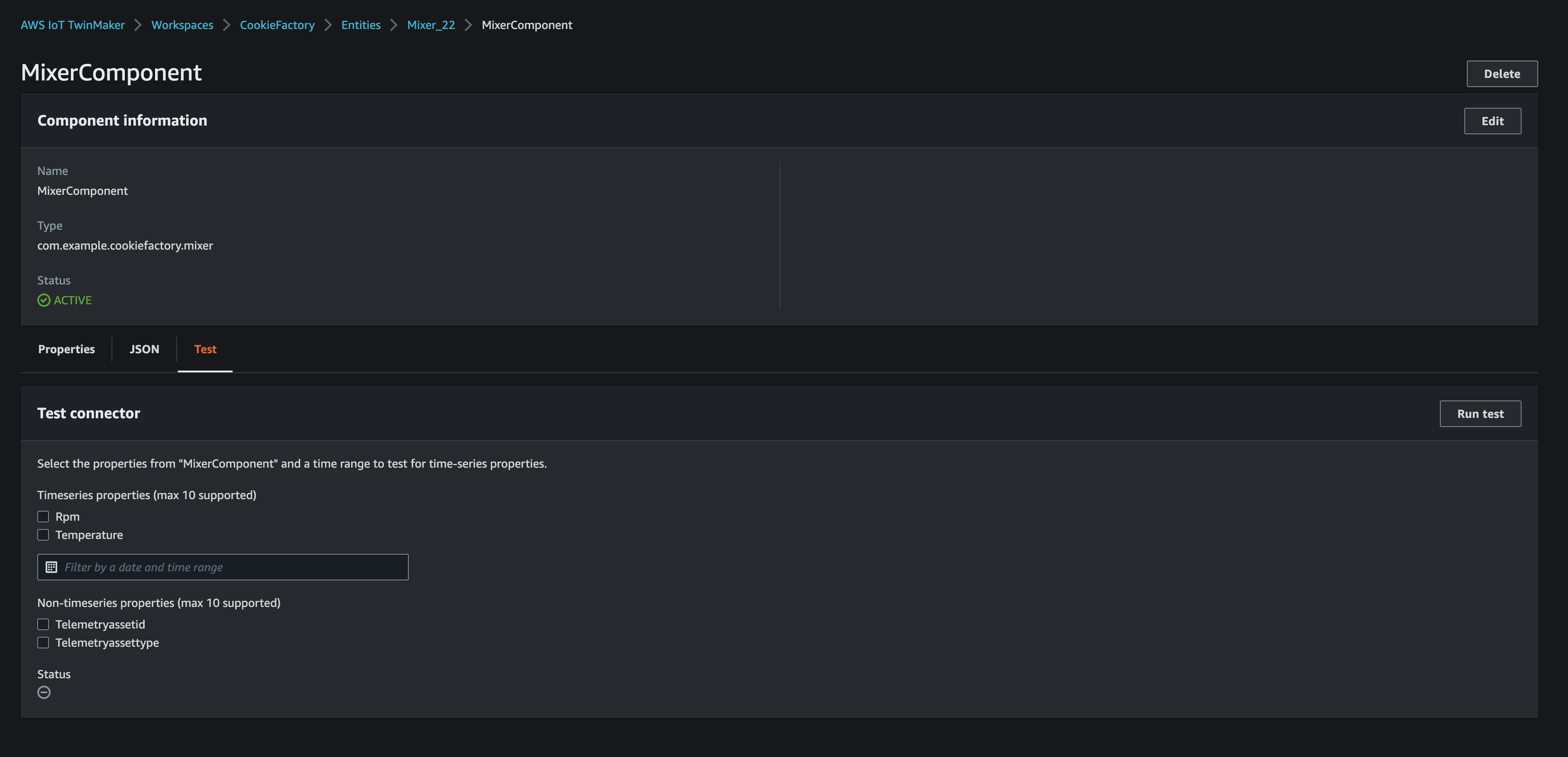 Uma página TwinMaker do console de informações do componente mostra o nome, o tipo, o status e assim por diante do componente.