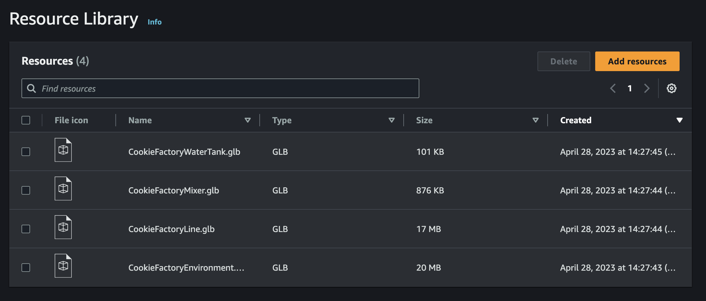 A página do console da Biblioteca de Recursos com uma lista de arquivos que podem ser selecionados para upload.