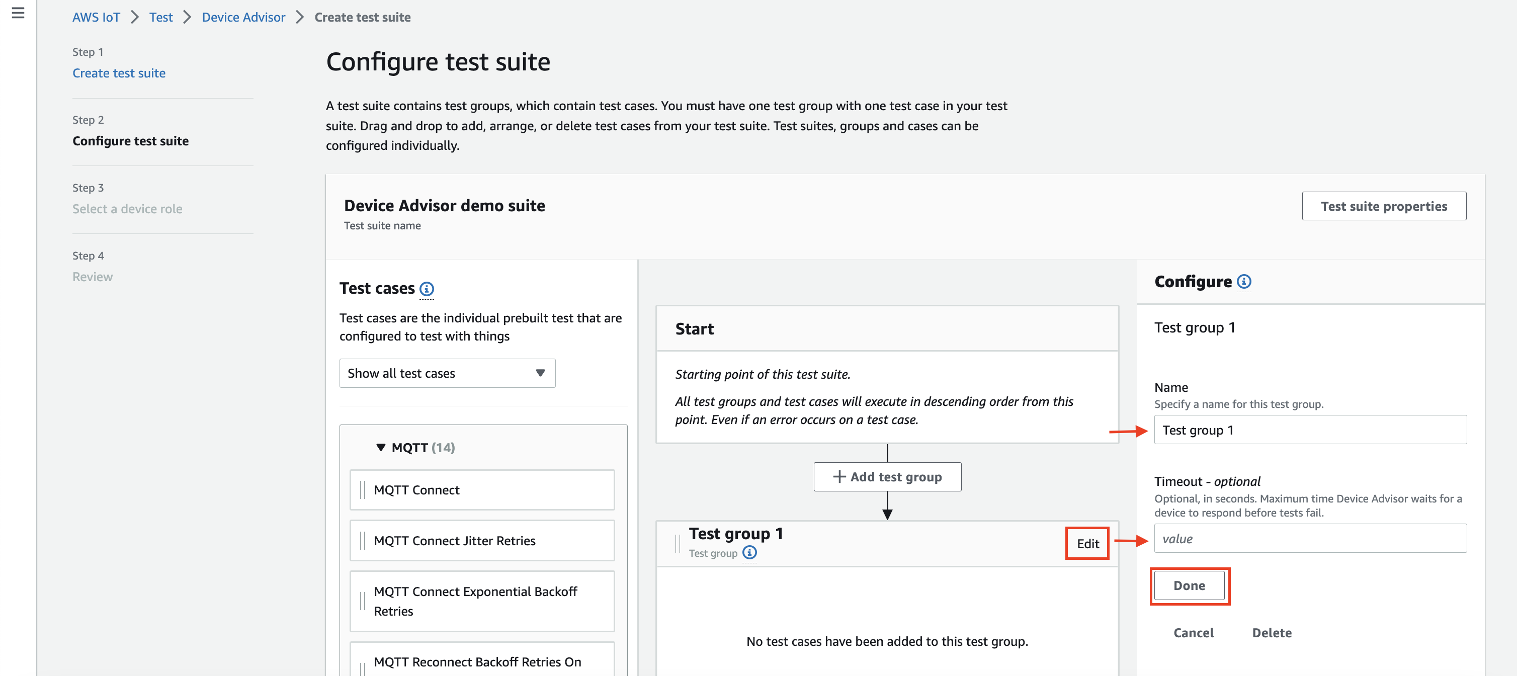 A interface “Configurar suíte de testes” para criar grupos e casos de teste para validar a funcionalidade do dispositivo de IoT.