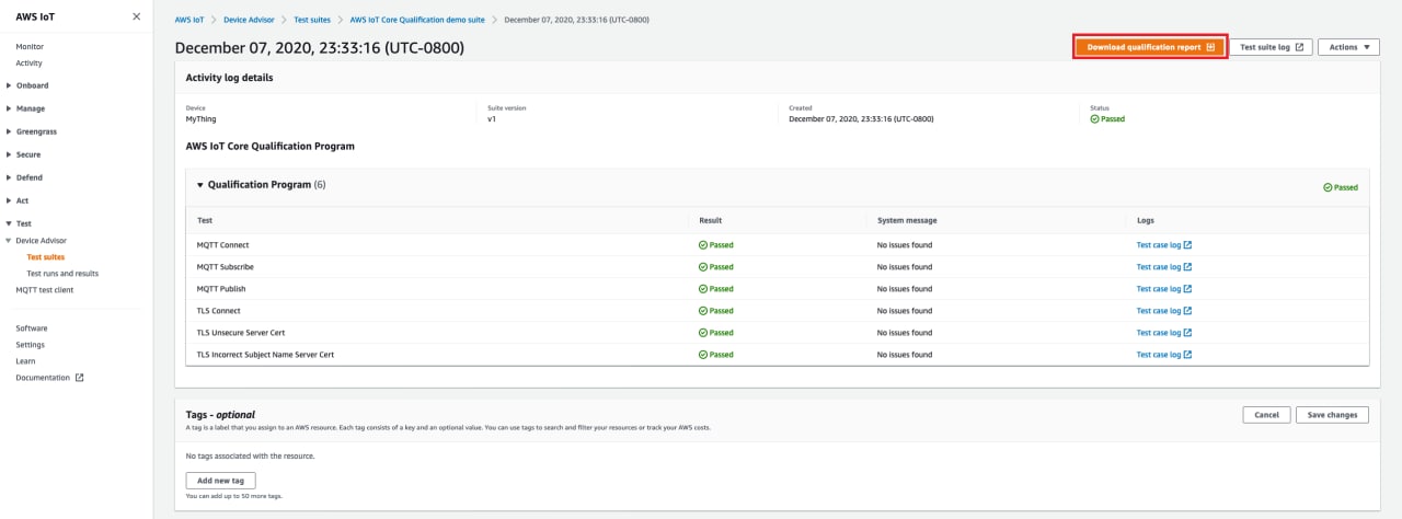 Resultados do teste do Programa de Qualificação que mostram testes aprovados para MQTT, TLS e outros componentes.