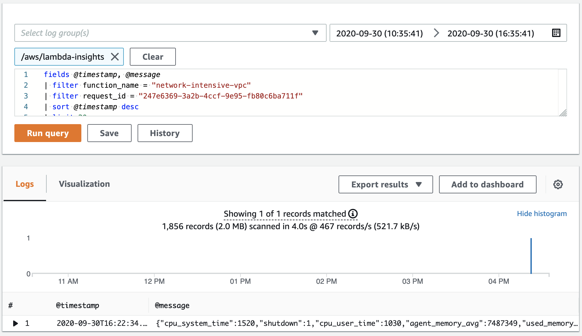 
            Consulta da função selecionada no painel Logs Insights.
          