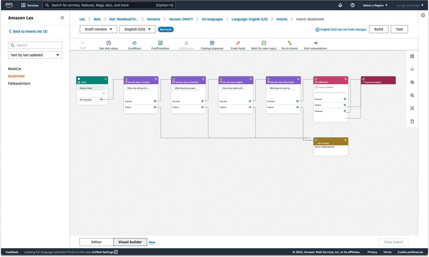 
                Um exemplo de fluxo de conversa com o Visual Conversation Builder. 
            