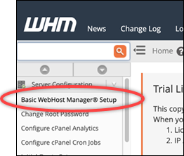 Escolha Configuração básica do WebHost Manager.