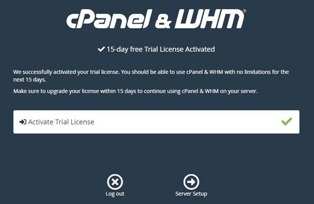 Confirmação da licença de avaliação do cPanel