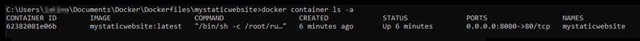 Resultado do comando de container do Docker