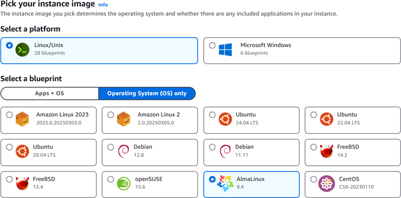 O seletor de plataforma no console Lightsail.