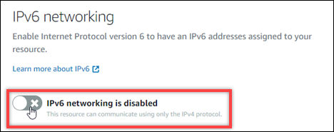 O botão IPv6 do Lightsail mostra a posição desativada com o cursor prestes a ativá-la.