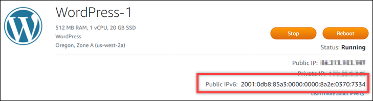 Endereço IPv6 da instância na área de cabeçalho da página de gerenciamento da instância.
