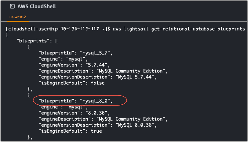 A resposta do get-relational-database-blueprints comando na CloudShell janela.
