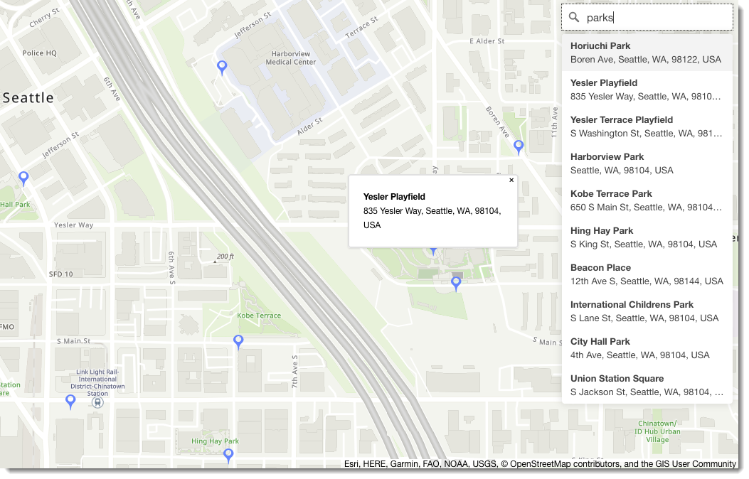 Exemplo de estilo de mapa em um aplicativo, mostrando parques mapeados no centro de Seattle