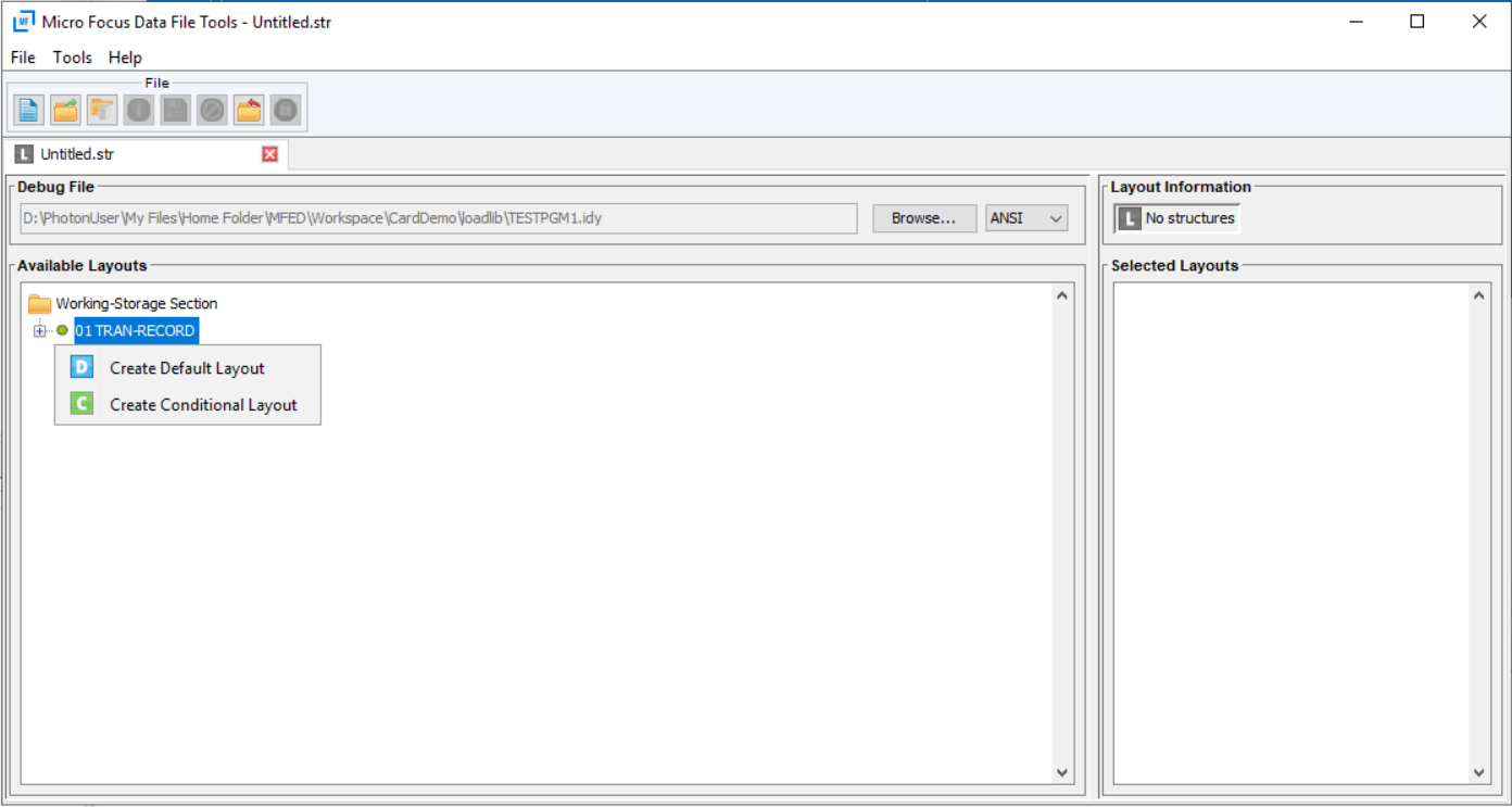 Localização dos comandos de layout nas ferramentas de arquivo de dados da Micro Focus.