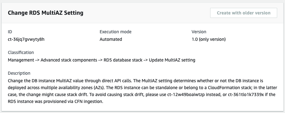 Alteração RDS MultiAZ Setting interface showing ID, execution mode, version, and description.