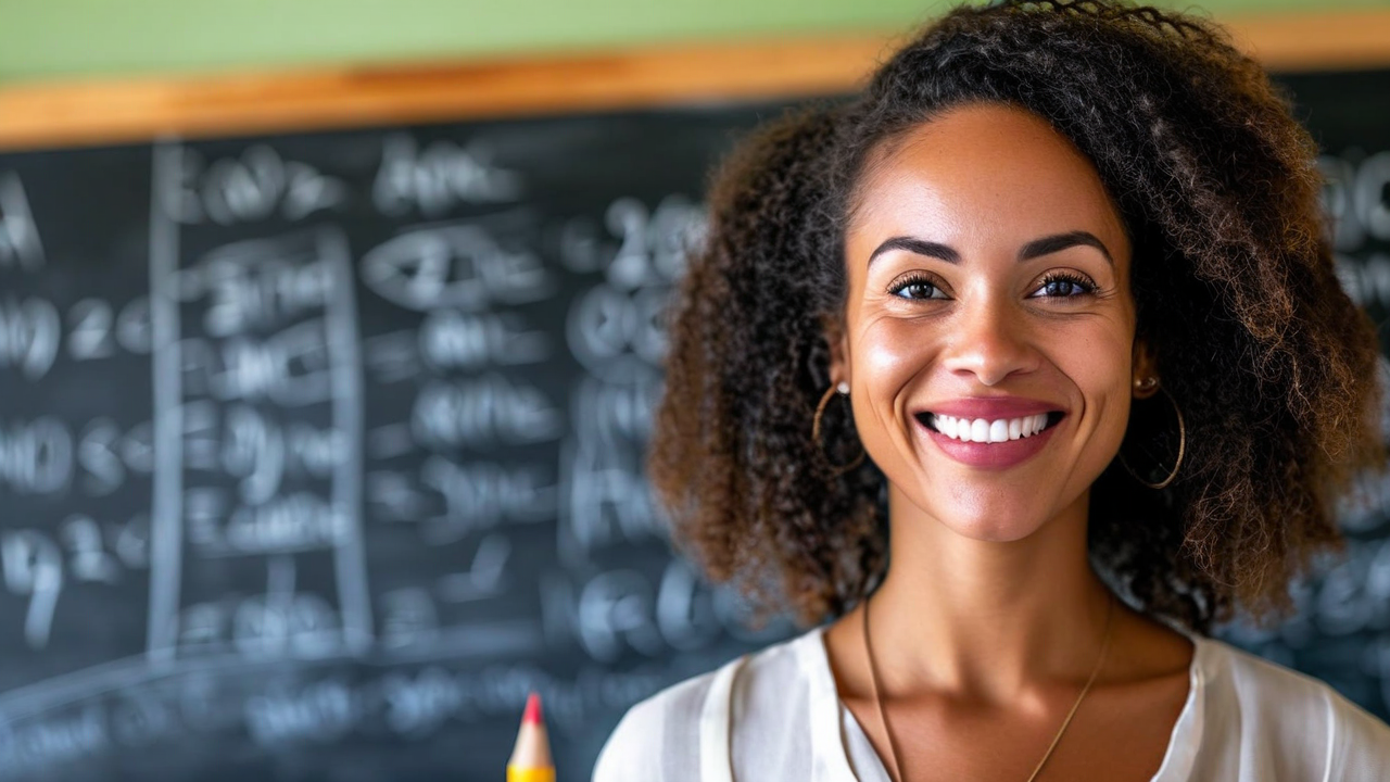 foto editorial de uma professora em pé diante de um quadro-negro com um sorriso caloroso