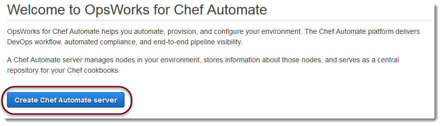 Página inicial de servidores do Chef Automate