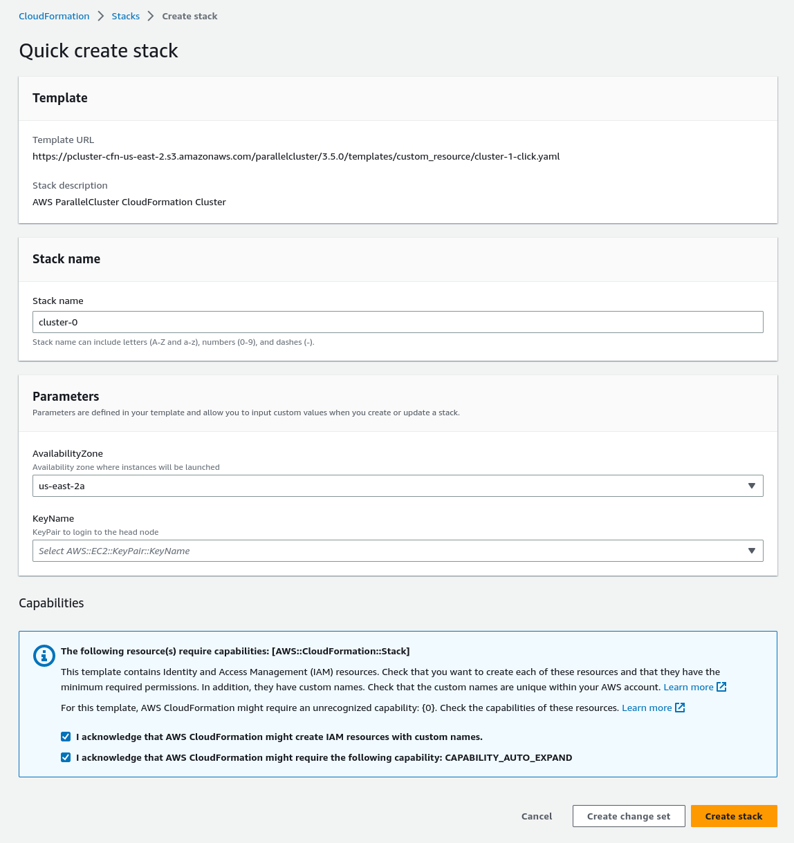 A interface de usuário de CloudFormation criação rápida do console.