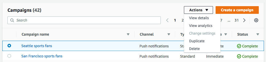 O menu Ações mostra as seguintes opções: Ver detalhes, Ver análises, Alterar configurações, Duplicar e Excluir.