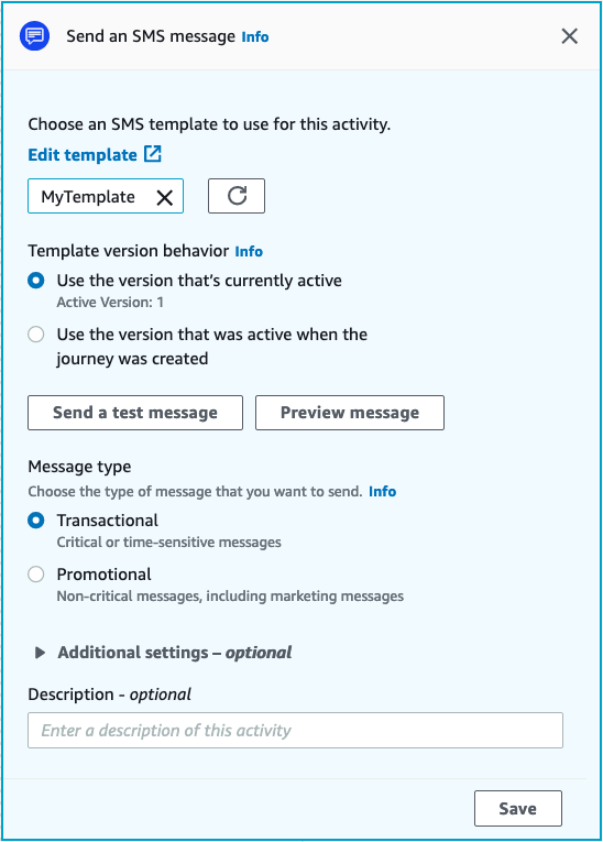 A janela de envio de uma mensagem SMS para configurar uma atividade de SMS.