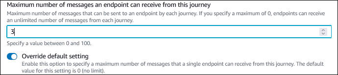 
                            Um exemplo mostrando a caixa de texto do número máximo de mensagens que um endpoint pode receber desse valor de jornada e como substituí-lo.
                        