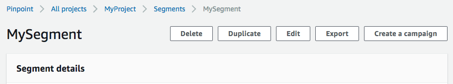 Ao lado do nome do segmento, há cinco botões: Excluir, Duplicar, Editar, Exportar e Criar uma campanha.