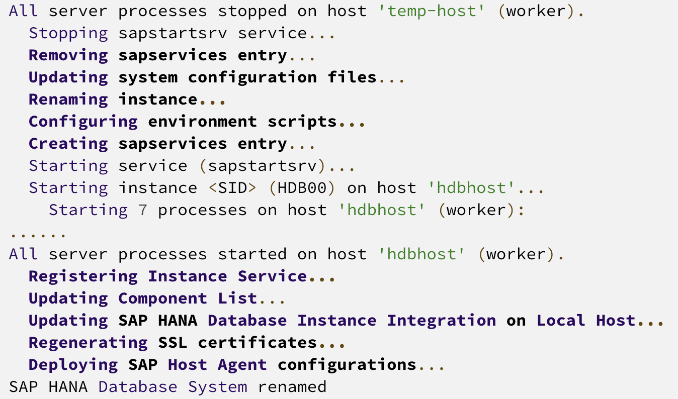 Código mostrando processos interrompidos no host temporário, começando no hdbhost, e o sistema de banco de dados SAP HANA foi renomeado.