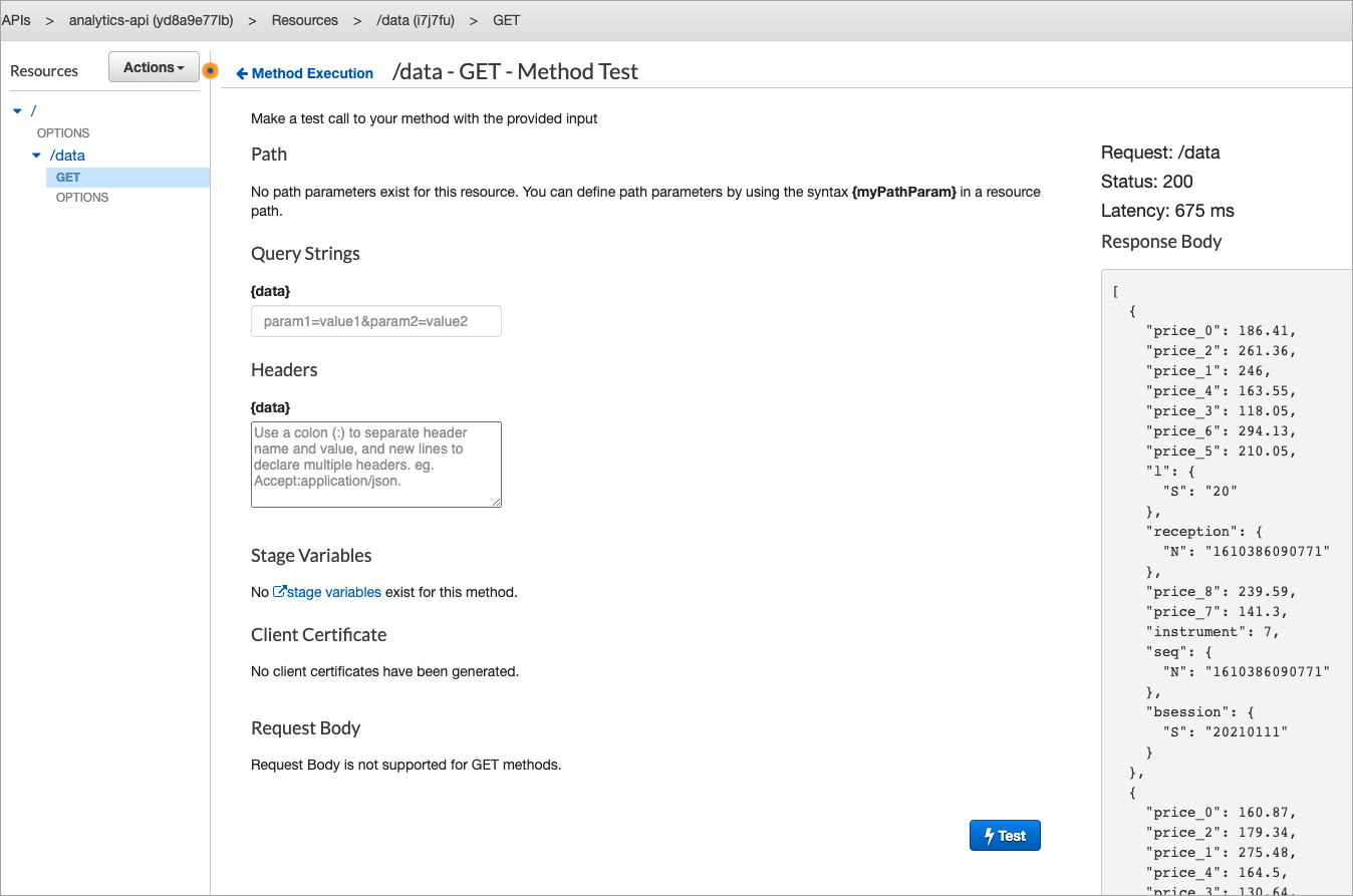 Console do API Gateway com GET escolhido em OPÇÕES.