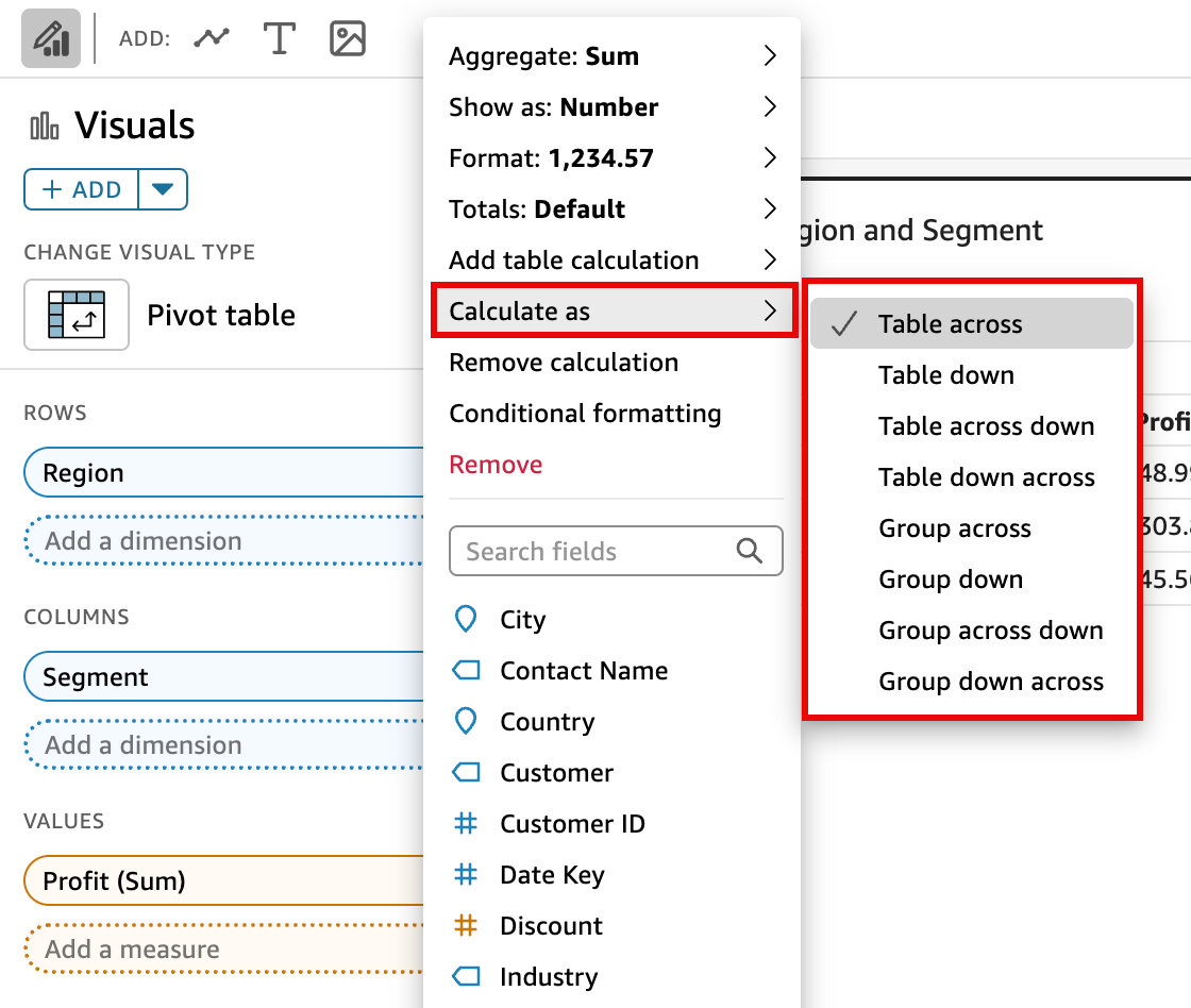 Pivot table options showing Calculate as menu with Table across selected.