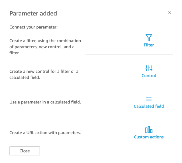 Icons representing options to create a filter, control, calculated field, or custom action. (AI generated)